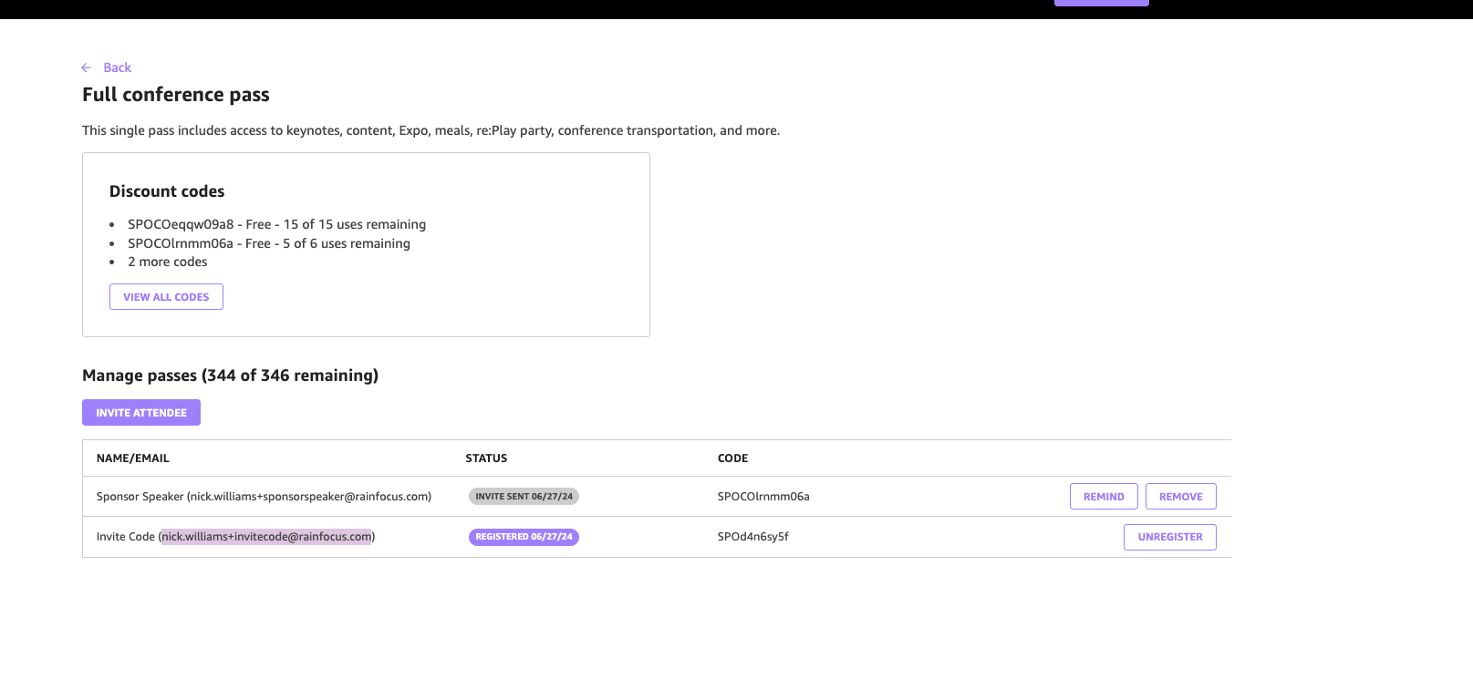 reInvent 2024 Edit Attendee Registration Pass Codes AWS Sponsorship